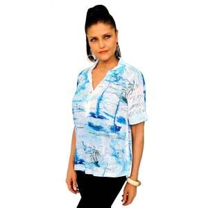 NEW IMPULSE CALIFORNIA sailboat island scene sequin top in blue